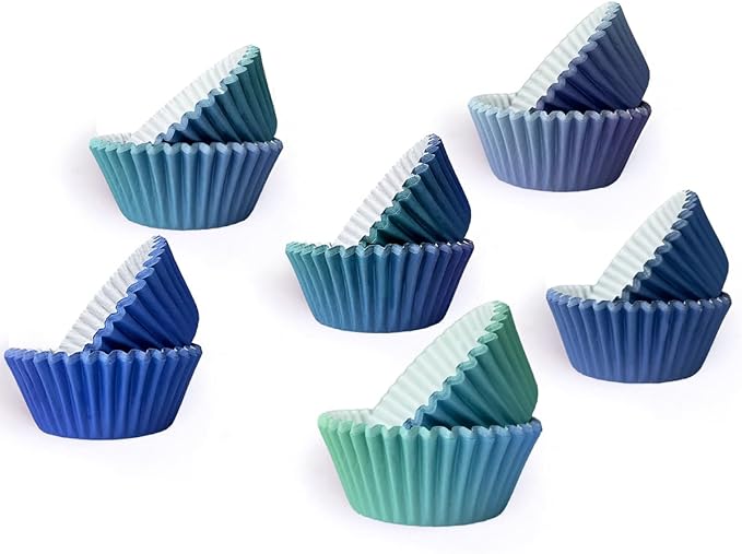 qiqee 300PCS Standard Gradient Cupcake Liners Cupcake Cups 6 Designs Blue Gradient Cupcake Papers Baking Cups Cupcake Wrappers (Medium Size)