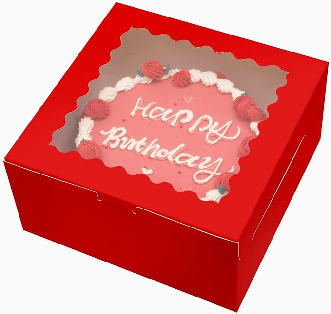 Bakepacker 36pcs 10x10x5 Inches Red Cake Boxes with Window 18-Packs, 10 Inch Bakery Boxes (18 Cake Boxes +18 Cake Boards Included)