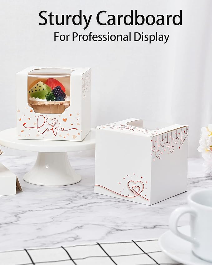Happyhiram Heart Cupcake Boxes 25 Pcs, Individual Cupcake Box with insert and Window for Valentines Day Gift Boxes Cupcake Containers Single for Kids Valentine Gift Ornament Boxes for Party Favors