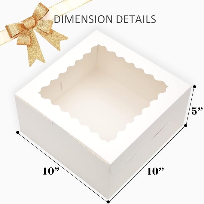 Bakepacker 36pcs 10x10x5 inches Cake Boxes with Window 18-Packs 10 Inch White Bakery Boxes (18 Cake Boxes +18 Cake Boards+10 Meters Silk Ribbon Includes Included)