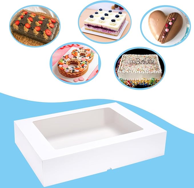 JJO 19x14x4 Inch 10 Pack Auto-Popup Cake Boxes with Thick Cake Boards,White Large Rectangle Bakery Boxes with Window,for Brownie,Cupcakes,Pie & Donuts