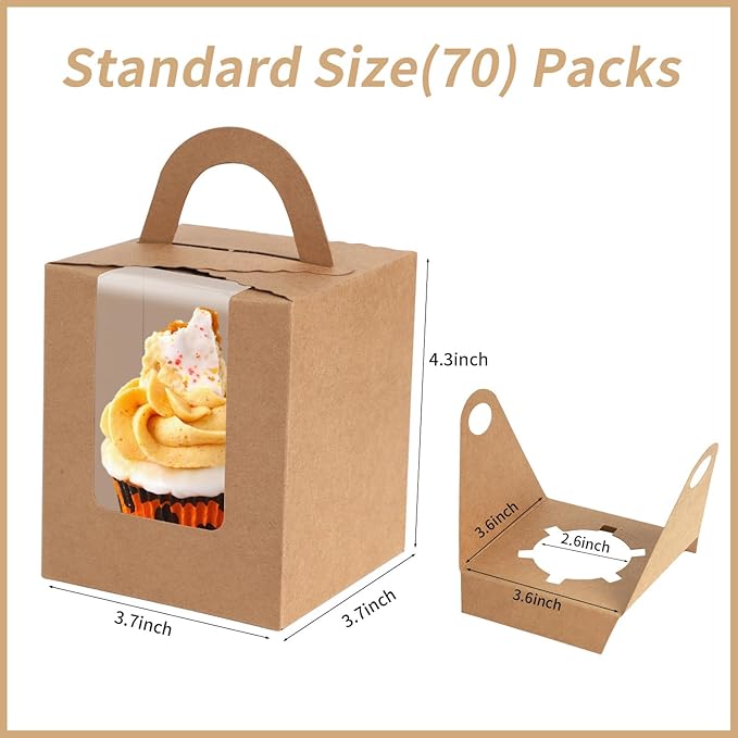 JCD 70 Packs Kraft Cupcake Boxes Individual Cupcake Holders Disposable Brown Cupcake Boxes with Window 3.6 * 3.6 * 4.3inch Single Cupcake Containers Pastry Box Muffins Holder for Bakery (Brown/70Pcs)
