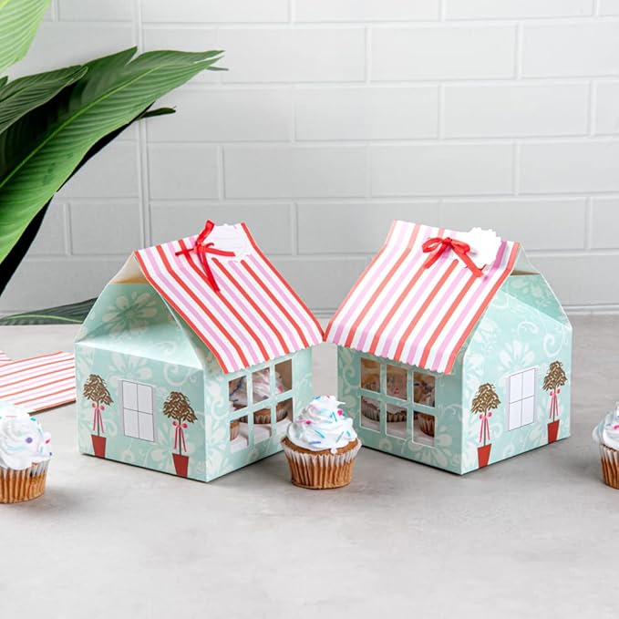 Restaurantware Pastry Tek 6 Inch x 7.8 Inch Cupcake Gift Boxes 100 Fits 4 Cupcake Favor Boxes - House Cupcake Inserts Pink And Blue Paper Treat Boxes With Window For Weddings Or Parties