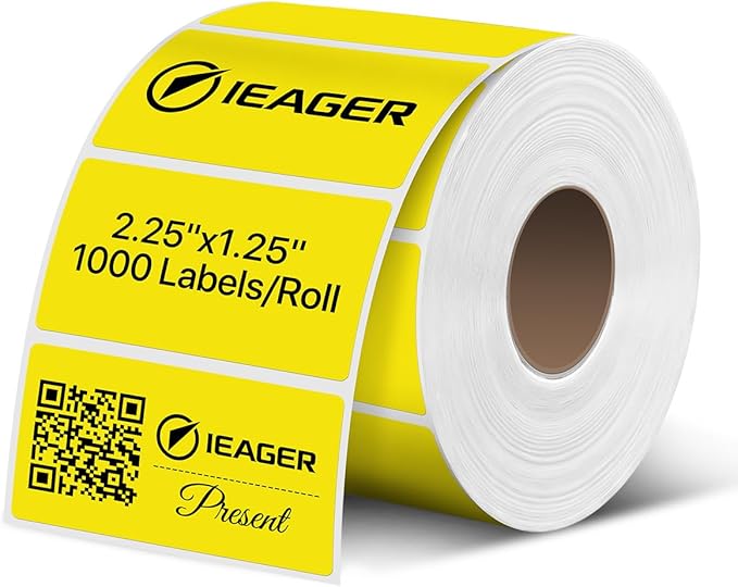 iEager 2.25x1.25 Inch Thermal Labels, Yellow Durable Thermal Printer Stickers, Self-Adhesive Rectangle Shipping Label Printer Sticker for Barcode, Name, Address, 1000 Labels/Roll