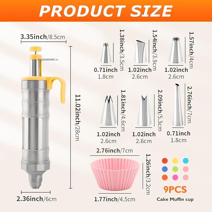 18Pcs Dessert Decorating Syringe Set, Stainless Steels Icing Piping Kit Cake Decorating Tools with 6 Piping Tips & 9 silicone Cupcakes, Cupcake Decorating Kit(COLOR:Yellow)