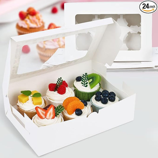 HONEYGIFTS 6 Count White Cupcake Boxes, 6 Sets Cupcake Carrier with Window Boxes Holding 36 Pastry Box for Birthday Holiday Party Bakery Supplies
