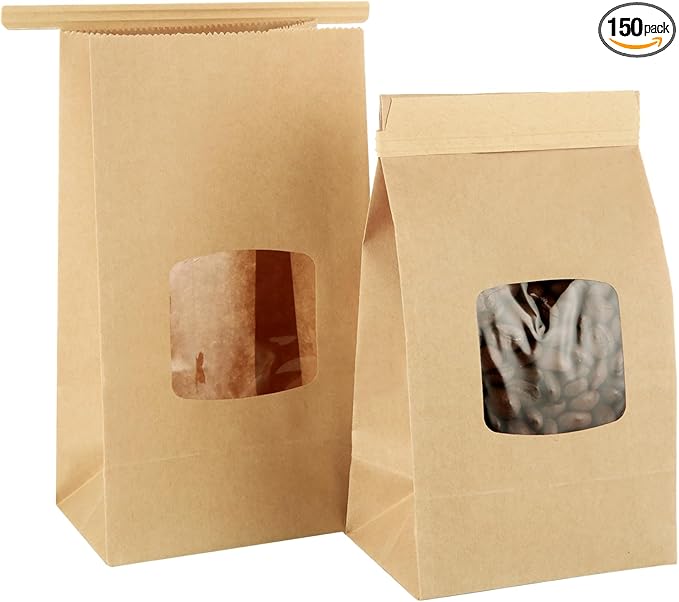 QTLCOHD 150 Pcs Small Bakery Bags with Window 3.54 x 2.36 x 6.7 Brown Tin Tie Tab Lock Kraft Paper Bread Bags for Cookies, Treat, Coffee, Pastry