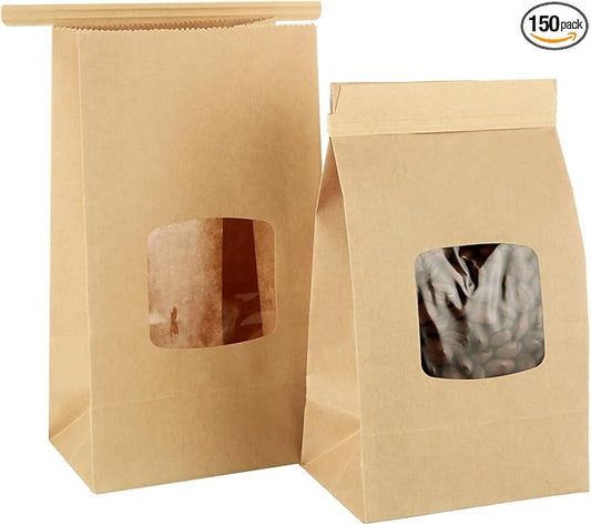 QTLCOHD 150 Pcs Small Bakery Bags with Window 3.54 x 2.36 x 6.7 Brown Tin Tie Tab Lock Kraft Paper Bread Bags for Cookies, Treat, Coffee, Pastry