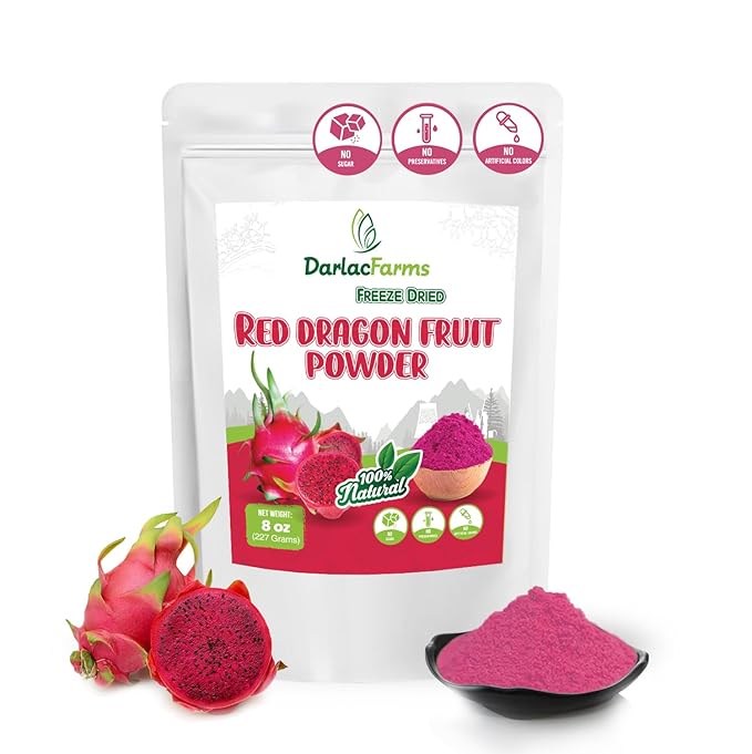 DARLAC FARMS Freeze Dried Red Dragon Fruit Powder 8Oz, Natural ingredients, Nutrient-rich, Vegan, No Add Sugar, Preservative-free, Convenient zip-lock Pouch, Perfect for Drinks, Smoothies, Baking