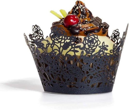 YOZATIA 60pcs Black Rose Lace Cupcake Wrappers Holders, Laser Cut Cupcake Liners Decorative Liners for Wedding Party Birthday Cake Decoration Supplies