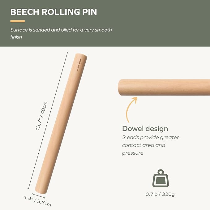 Muso Wood Rolling Pin for Baking Wooden Pizza Dough Roller(Dowel 15.75-Inch-by-1.38-Inch)