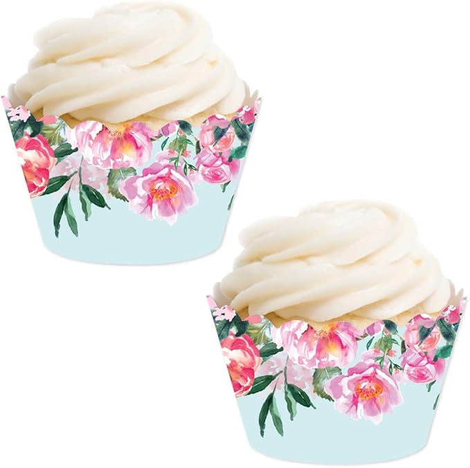Andaz Press Party Cupcake Wrapper Decorations, Pink Roses and Peonies on Baby Blue, 24-Pack, For Girls 1st Birthday Baby Bridal Shower Tea Party Themed Decorations