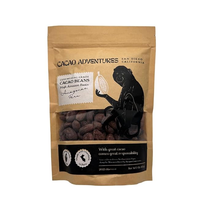 Cacao Adventures Raw Cacao Beans - Wild Strains Farmed by Awajun Communities in Peruvian Amazon, Whole Cocoa Beans for Baking, Smoothies & Snacking, 1 lb Pack
