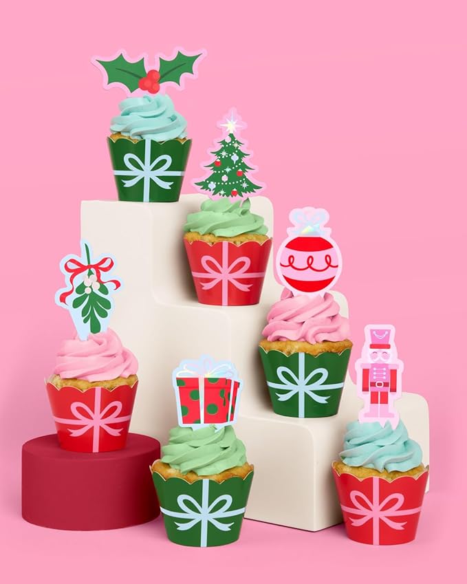 xo, Fetti Christmas Cupcake Toppers + Wrappers - Set of 24 | Kids Cake Decoration, Xmas Party Decor, Holiday Supplies, Winter Dessert Accessory