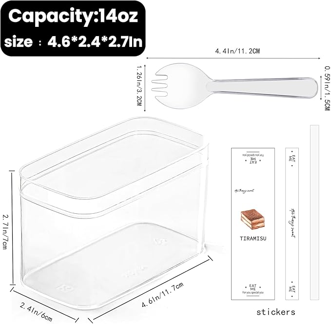 Plastic Rectangle Dessert Cups Boxes with Lids and Sporks,packaging for baked,Cookie Tiramisu Containers for Fruit,Pudding,Mousse,Parfait Cups With Lids(20, Rect 4.6*2.4*2.7 IN-Boxes+Sporks+stickers)