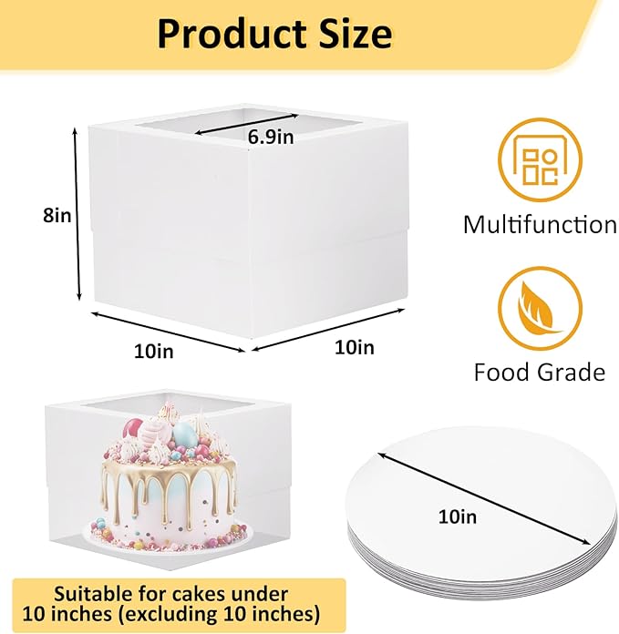 Moretoes 15 Sets Cake Boxes, 10x10x8 Inches Tall Bakery Boxes with Cake Boards, White Square Carrier with Window Cajas Pasteles for Cakes, Valentine's Day, Mother's Day