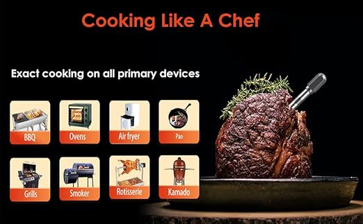 Wireless Meat Thermometer with Wireless Probe, 800Ft Remote Range Food Thermometer with iOS & Android Read App - Preprogrammed Temperatures, LCD Digital Cooking Thermometer for BBQ, Oven, Grill etc.