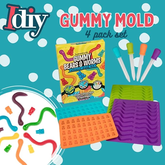 Gummy Bear & Worm Silicone Candy Molds (4pk) BPA-Free Nonstick Trays w 2 Droppers for Chocolate, Ice Cubes & More-Make up to 140 Candies for Holiday Parties-Fun Winter Activity, Gift, Stocking Stuffer