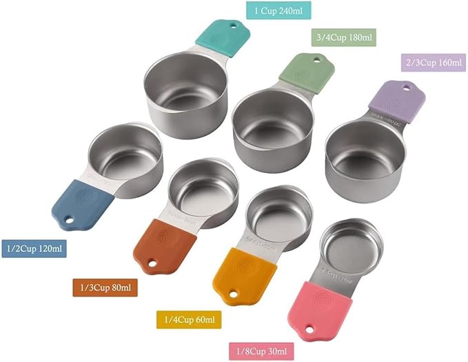 Magnetic Stainless Steel Measuring Cups Set of 7, Stackable with Engraved Markings - Heavy Duty Dry & Liquid Measuring Cups for Baking, Cooking, Mixology - Multicolor Kitchen Tools