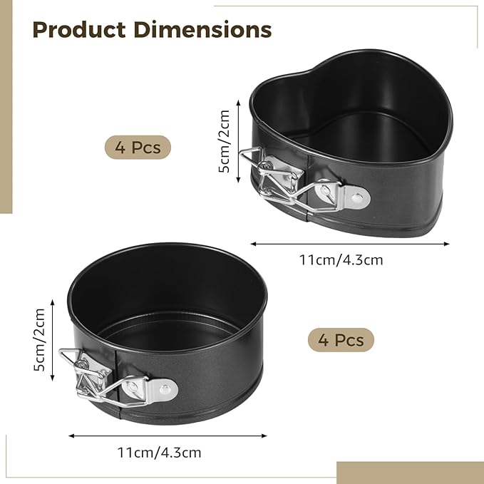 4 Inch Springform Pans, 8 Pcs Mini Springform Pans Set, Spring Form Pan For Cheesecake, 4 Pcs Round & 4 Pcs Heart Shaped Cake Molds, Non-Stick Carbon Steel, Removable Bottom
