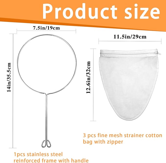 Ultra Fine Mesh Strainer with Stainless Steel Handle, Reusable Food Grade Juice Strainer, Cheesecloth Strainer with Zipper for Nut Milk, Coffee, Butter, Juices and Cheese (Medium)