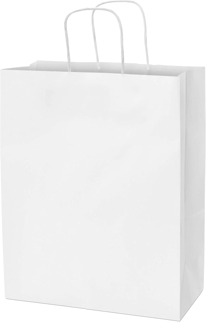 Prime Line Packaging White Gift Bags, Shopping Gift Bags Medium with Handles for Small Business, Boutiques, Retail, Merchandise, Party Favors, Bulk 10x5x13, 25 Pack