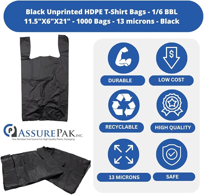 ASSUREPAK Easy Open - 1000 Bags - Black Unprinted HDPE T-Shirt Bags - 1/6 BBL 11.5"X6"X21" - 13 microns - Black - LOOP-BLACK-EO