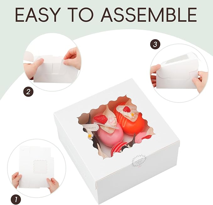 50pcs 6x6x3 Inches Bakery Boxes,White Bakery Boxes with Window for Valentines Day,Treat Boxes for Cookies Small Pie,Chocolate Covered Strawberries,Cupcake and Pastry