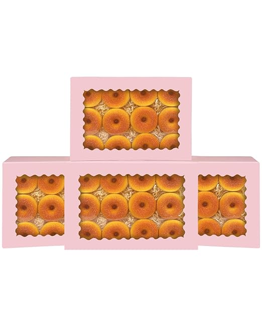 qiqee Auto-pop Up Pink Cookie Box with Window 16x10.5x2.5 Inch 24Pcs Bakery Pastry Macaron Bakery Box for Packaging