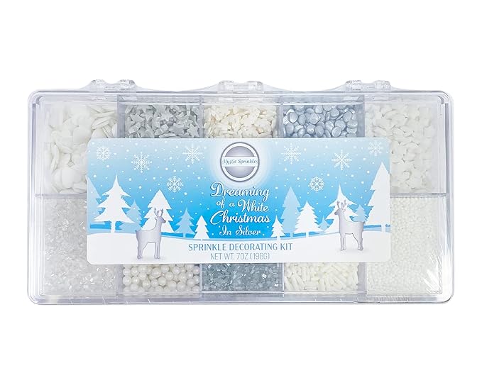 Mystic Sprinkles Christmas Holiday sprinkle Decorating Kits (Dreaming of a White Christmas in Silver Sprinkle Decorating Kit 7oz)