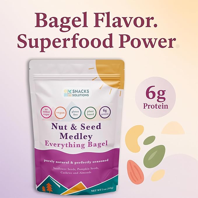 Snacks Solutions Nut and Seed Medley (5 oz -Pack of 6, Everything Bagel) Gluten Free, Natural and Perfectly Seasoned, Sunflower Seeds, Pumpkin seeds, Cashews and Almonds
