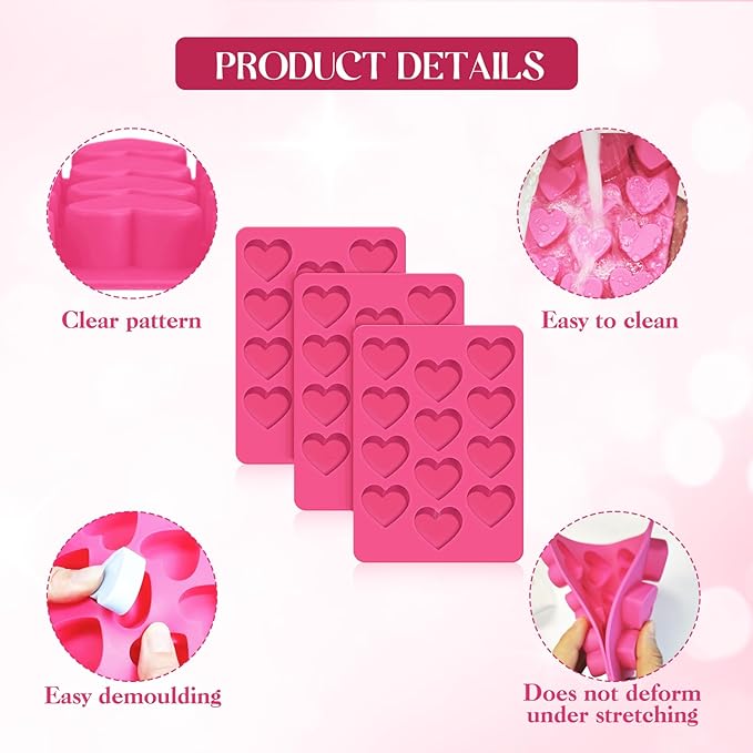 3Pcs Heart Molds Silicone, Premium Heart Silicone Mold for Baking, Chocolate, Non-stick Silicone Heart Mold for Cakes Candies Soap