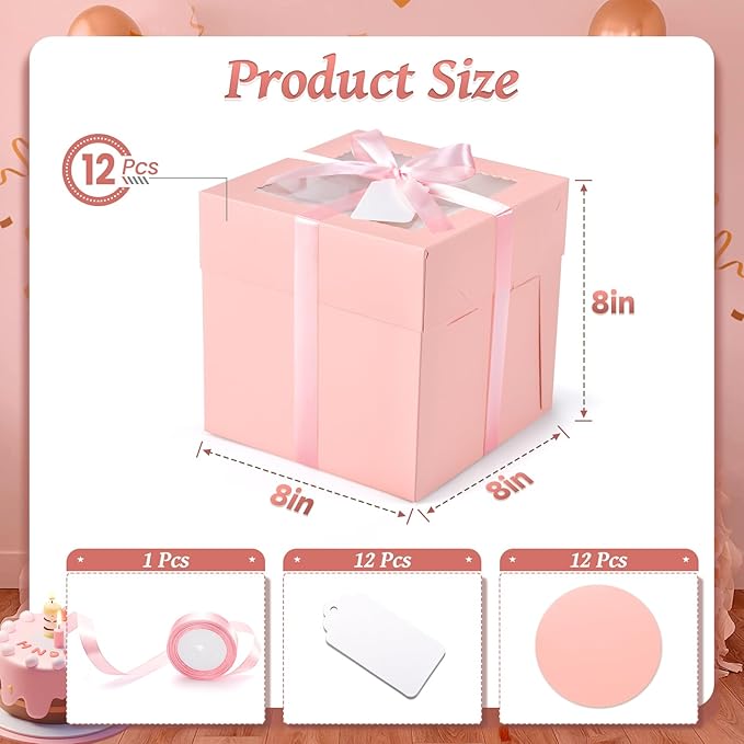 24Pcs 8x8x8 Inch Cake Boxes, 12pcs Pink Bakery Boxes with Window (12pcs Cake Boards), Square Cake Carrier Container Disposable Pie Boxes Package for Bake Decorating Supplies