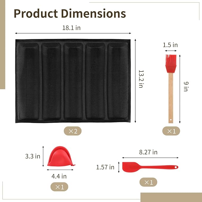 2 Pcs Baguette Bread Pan, 5-Well Fiberglass Silicone Bread Loaf Pan with Silicone Spatula, Brush, Anti-Scald Clip, Aerated Pan for French Bread, Hot Dog Buns