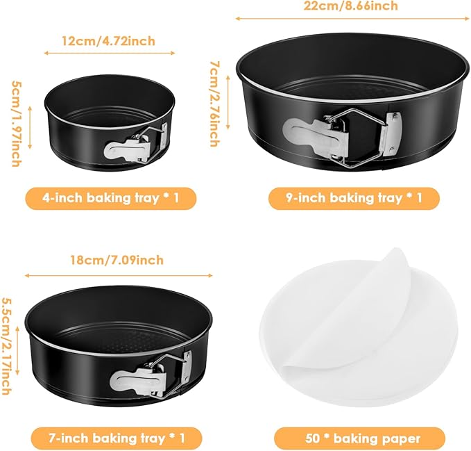 Cake Pan Set of 3, Nonstick Springform Pans with Removable Bottom, Leakproof Stainless Steel Round Cake Pans, 4, 7, 9 Inch Spring Form Pan for Cheesecake with 50 Pcs Parchment Paper Liners