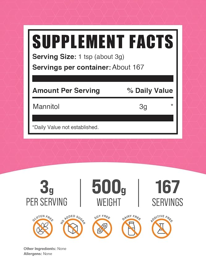 BulkSupplements.com Mannitol Powder - Mannitol Sweetener, Sugar Substitute, Mannitol Supplement, Natural & Gluten Free, 3g per Servings, 500g (1.1 lbs) (Pack of 1)