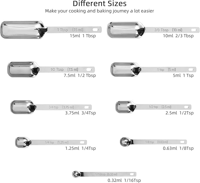 Measuring Spoons Set, 10-Piece 18/8 Stainless Steel Measuring Spoons Set with Leveler, Metric&US Metal Measuring Spoon -1/16, 1/8, 1/4, 1/3, 1/2, 3/4 Tsp, 2/3 Tbsp Long Spoons for Spice Jar