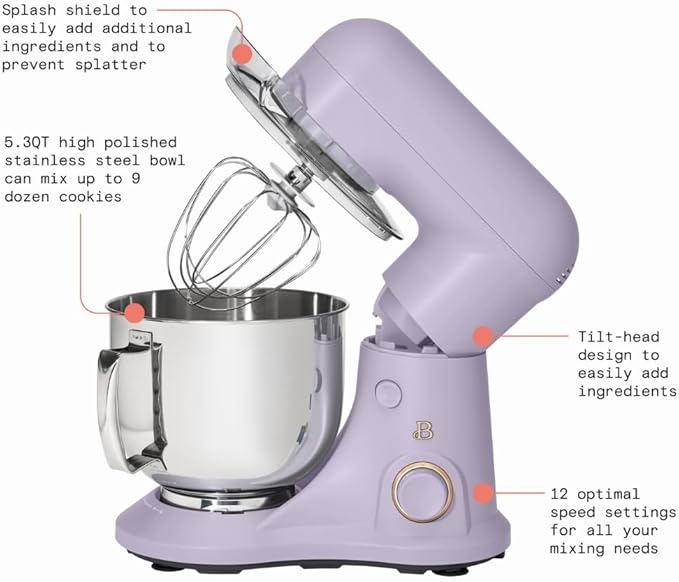 Beautiful 5.3QT 300W Stand Mixer with 12 Speeds, Tilt-Head, Splash Guard & Dishwasher-Safe Accessories, Soft Matte Finish – Mixes Up to 9 Dozen Cookies, Includes Dough Hook & Whisk (Lavender)