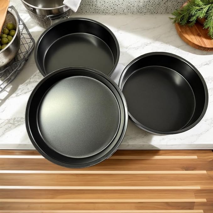 8" Round Nonstick Cake Pan Set, 3 Piece Carbon Steel Solid Bottom Baking Molds, Oven Safe - Contains 50 Sheets of Oil Paper, Essential for Home Baking with Non-Stick Coating (Black)