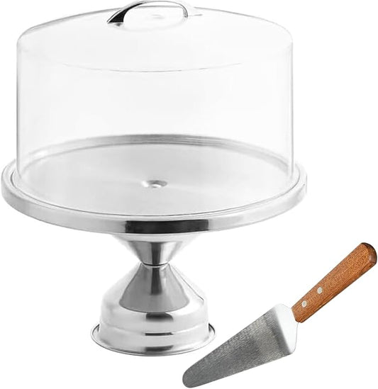 12" Cast Iron Cake Stand with Lid & Turntable for Decorating – Rotating Cake Holder, Carrier & Container, Dessert Display Stand, Cake Platter with Dome Cover & Pie Spatula