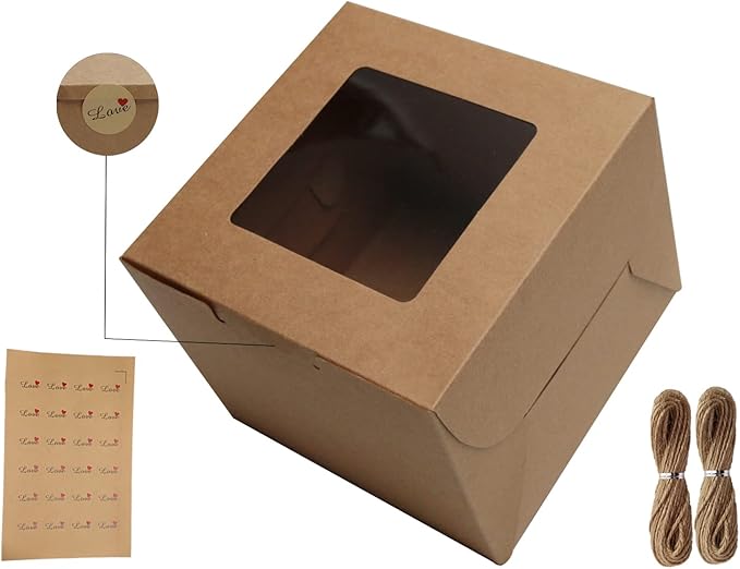 PQZKLDP 12Packs 6x6x5 Inches Brown Kraft Cake Boxes with Window, Gift Packing, Bakery Boxes, Dessert, Pastry, Cupcake, Pie Cookies, With Stickers,66 FT Twine (6 * 6 * 5 Inch, Brown)