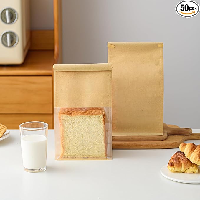 50 Pcs 5.1 Inch Brown Kraft Paper Bread Bags with Tin Tie, Small Homemade Bread Packing Bag, Thickened Storage Bagel Bag with Clear Window for Sourdough, Baked