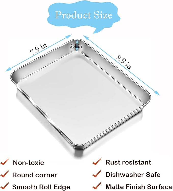 Sheet Pan,Cookie Sheet,Heavy Duty Stainless Steel Baking Toaster Oven Jelly Roll Deep Edge,Superior Mirror Finish, Dishwasher Safe (7.9 * 9.85 * 2 inches)