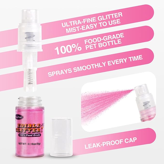 Pink Edible Glitter Spray 5g, Shimmer Edible Glitter for Cocktails, Food Grade Luster Dust for Beverages & Cake Decorating, Drinks, Baking, Chocolate