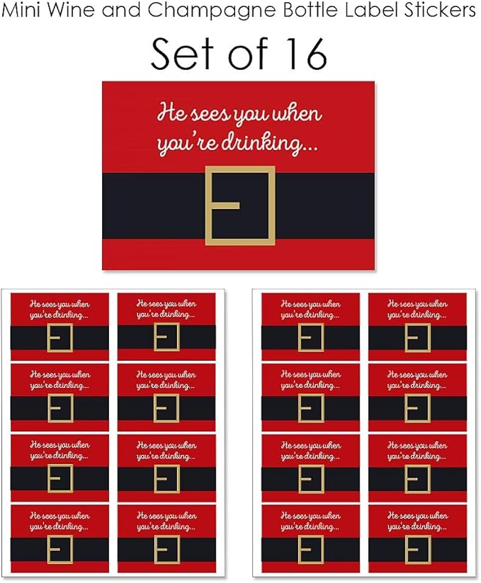Big Dot of Happiness Santa Claus' Belt - Mini Wine and Champagne Bottle Label Stickers - Christmas Party Favor Gift for Women and Men - Set of 16