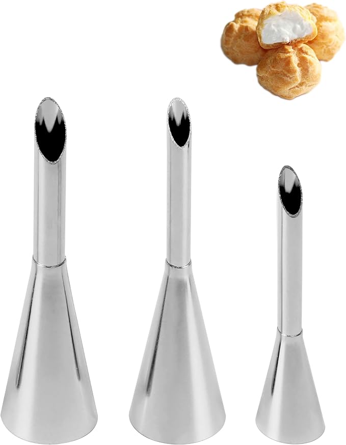 3Pcs Cream Icing Piping Nozzle Tips,Stainless Steel Long Cream Puff Nozzle Decor Small Pastry Icing Piping Decorating Tools