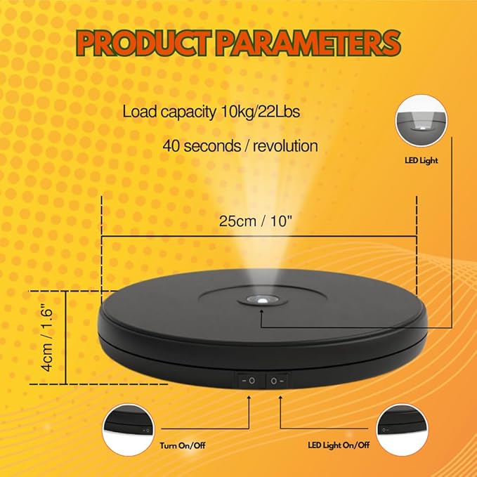 fotoconic Black Electric Motorized Rotating Turntable Display Stand with LED, 10 Inch / 25cm Diameter, 20 Lb Centric Loading for Shop Display