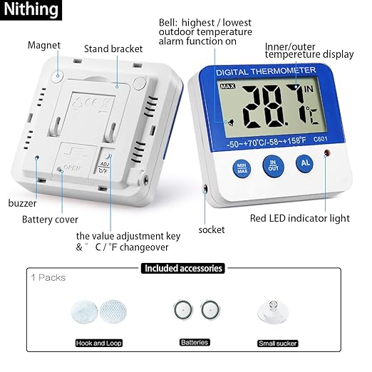 Nithing Fridge Freezer Thermometer Max/Min Memory High & Low Temperature Alarms Settings with LED Indicator Digital Refrigeration Thermometer with Magnetic,Stander