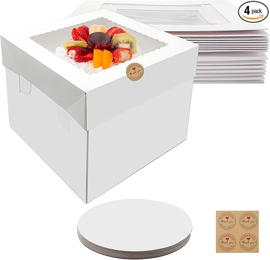 itechpanda 4 Pack Cake Boxes 10x10x8 Inches Tall Cake Box with Cake Boards White Bakery Boxes with Window Disposable Cake Containers with Lids for Baking Cake Donuts Cheesecake Wedding Birthday Party