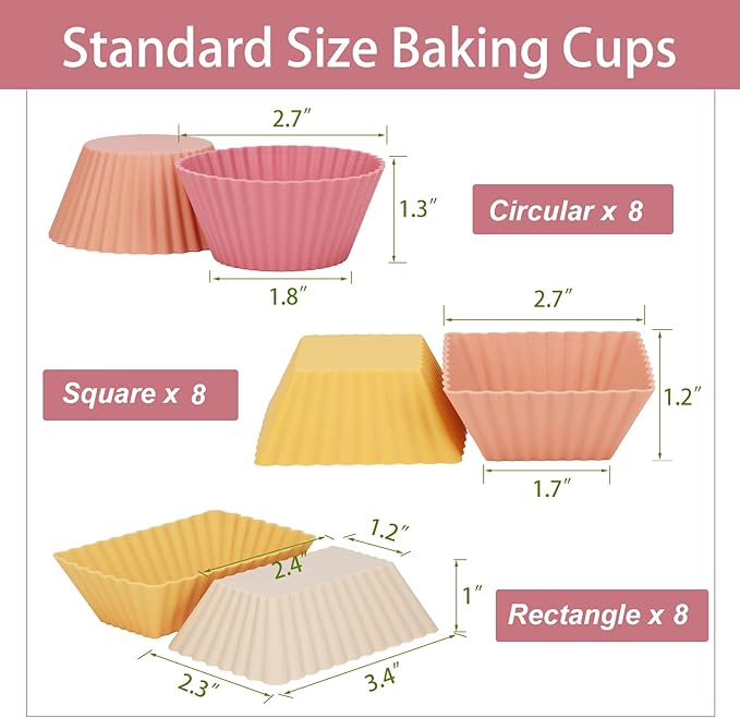24Pack Silicone Muffin Cups, Reusable Cupcake Liners Molds for Baking, 3 Shapes Lunch Box Bento Dividers-Round, Square, and Rectangular (Orange Series, Regular Size)